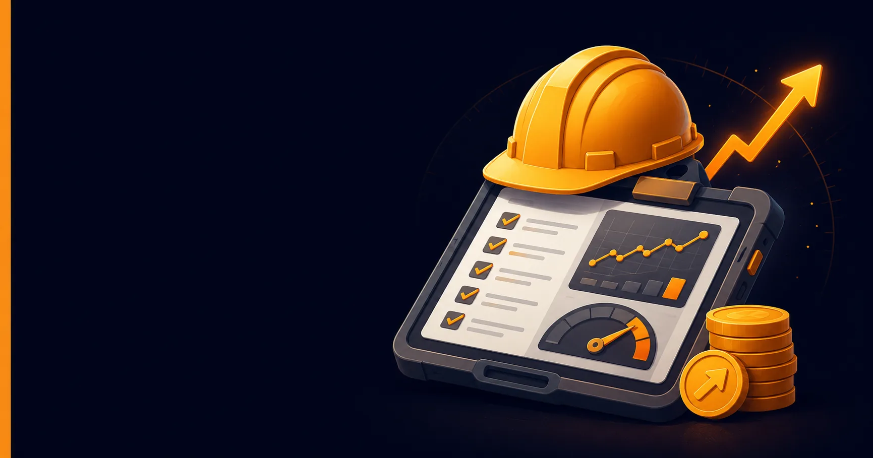 3D illustration on a dark background showing a yellow hardhat resting on a tablet displaying a checklist and a line-chart dashboard, next to a speedometer gauge and a stack of gold coins — representing AI features layered into construction management software