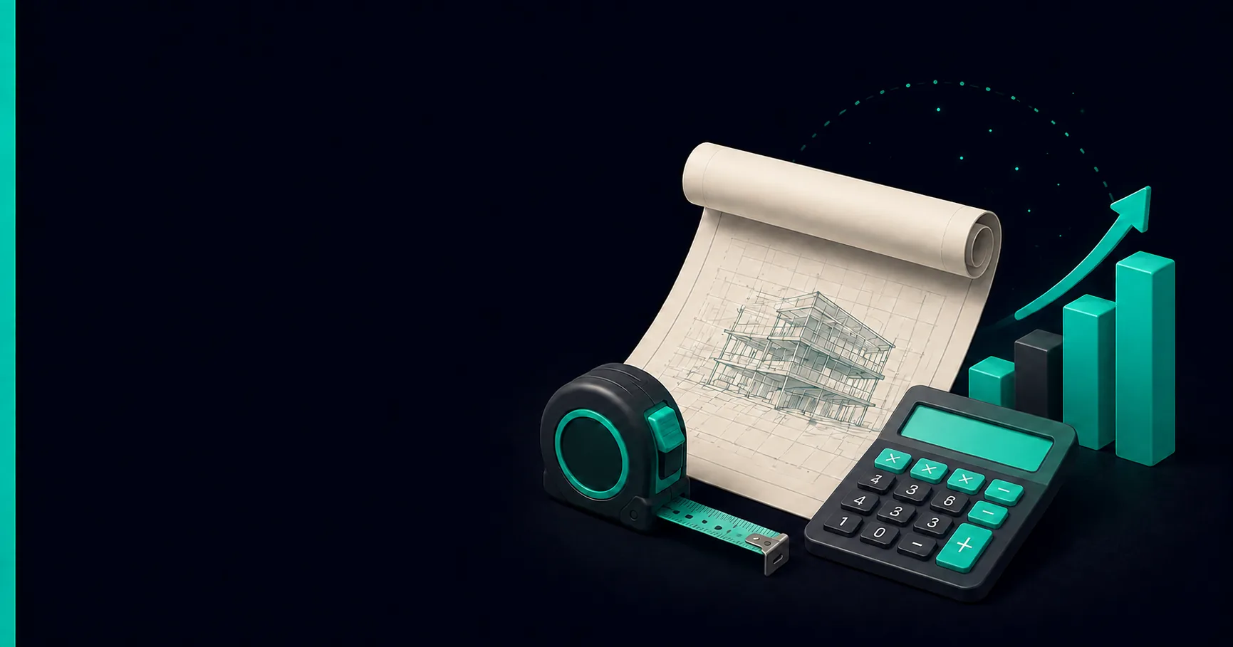 3D illustration on a dark teal background showing a rolled architectural blueprint, tape measure, and calculator alongside a rising green bar chart with an upward arrow — representing AI-assisted construction takeoff and cost estimating