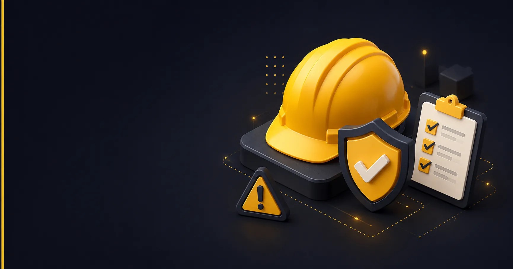 3D illustration on a dark background showing a yellow hardhat on a platform beside a shield with a checkmark, a warning triangle, and a clipboard with checklist items — representing AI-assisted construction safety compliance and hazard detection
