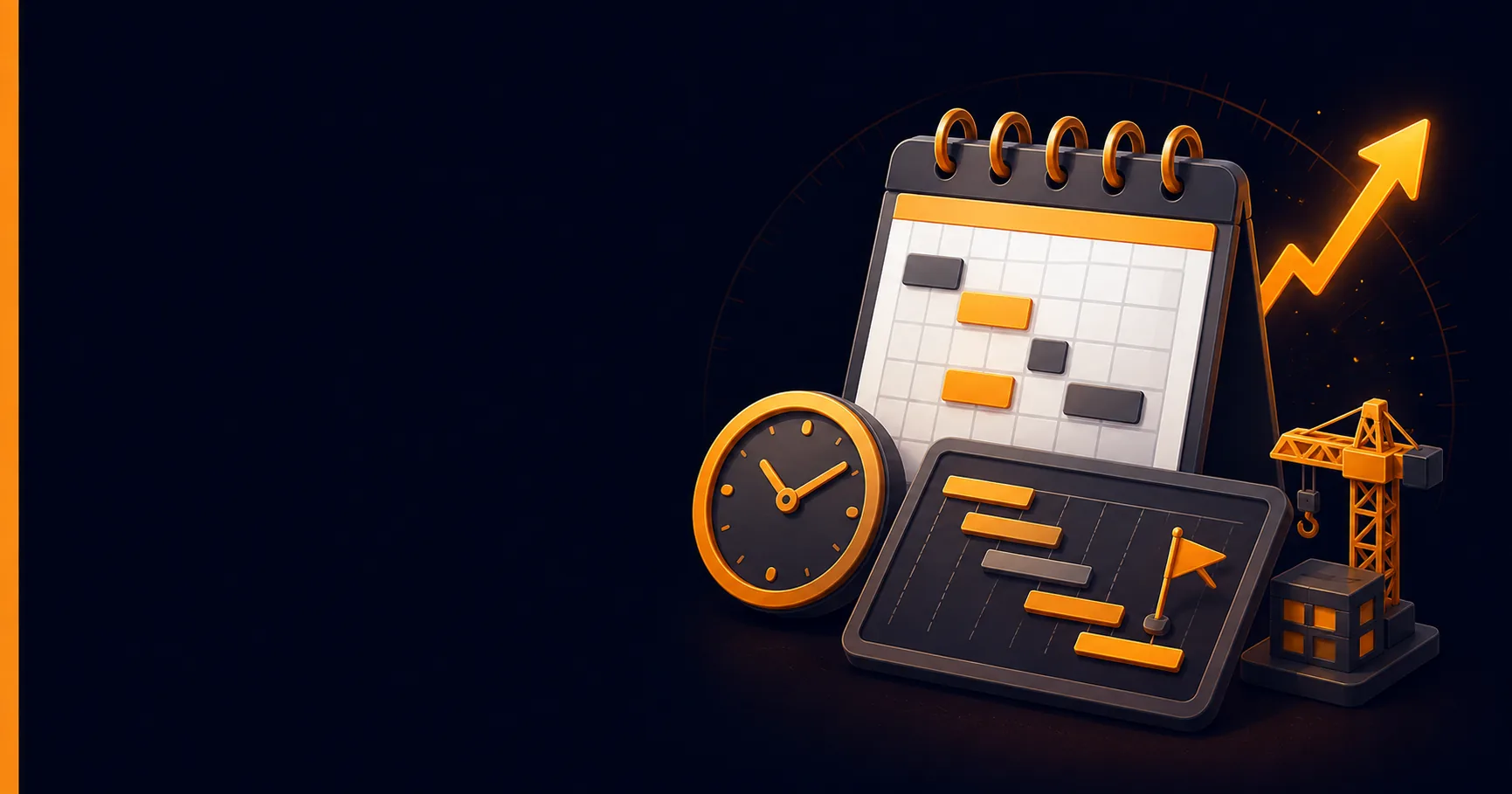 3D illustration on a dark background showing a spiral-bound calendar with orange gantt-chart bars, an analog clock, a construction crane, and an upward-trending arrow — representing AI-assisted construction project scheduling