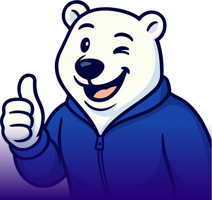 White bear wearing a blue jacket winking and giving a thumbs up